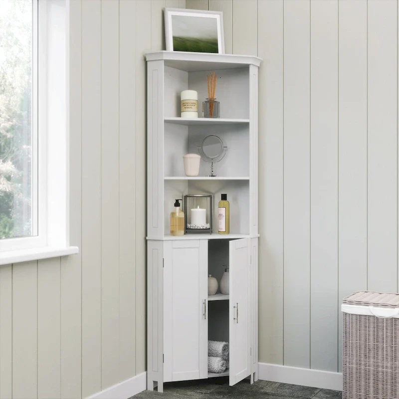 RiverRidge Somerset Tall Corner Bathroom Cabinet Storage Organizer with Doors and an Adjustable Shelf - White