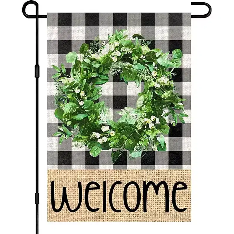 Lomsoe Welcome Spring Garden Flag Buffalo Plaid Wreath Seasonal Sign Welcome Yard Flag Spring Farmhouse Holiday Outdoor Decor Single Side 12x18Inch