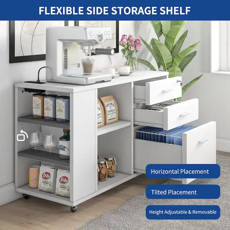 Brown Mobile Wood Lateral File Cabinet with Charging Station & Lock