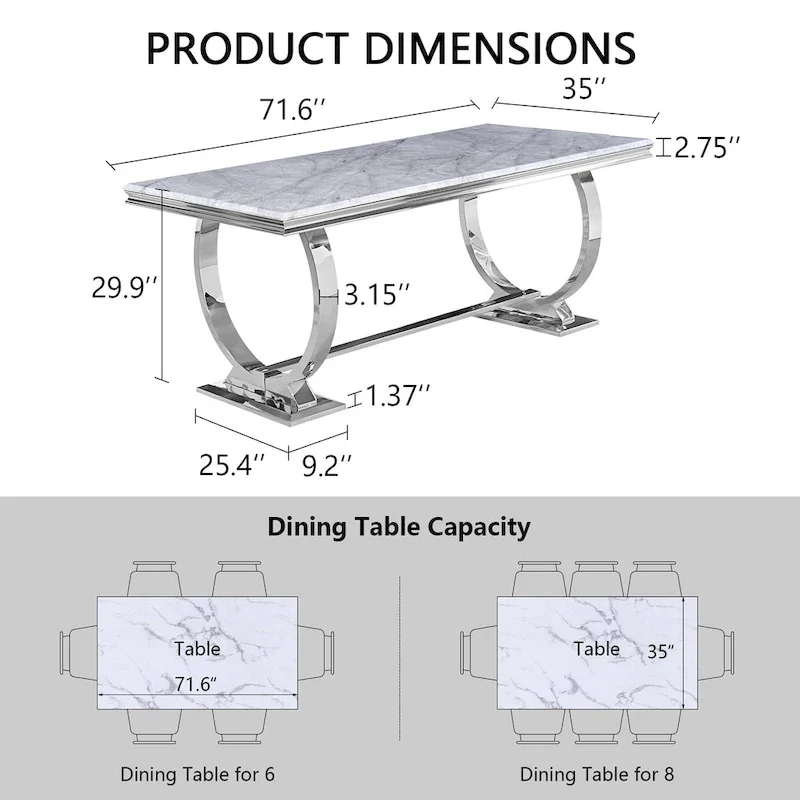 Luxury Dining Table with Polished Metal Circle Base - 72 Inch