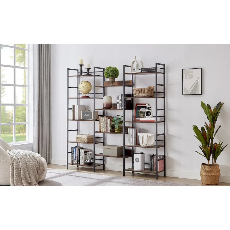 Triple Wide 5-shelf Bookshelves Industrial Retro Wooden Style Home and Office Large Open Bookshelves