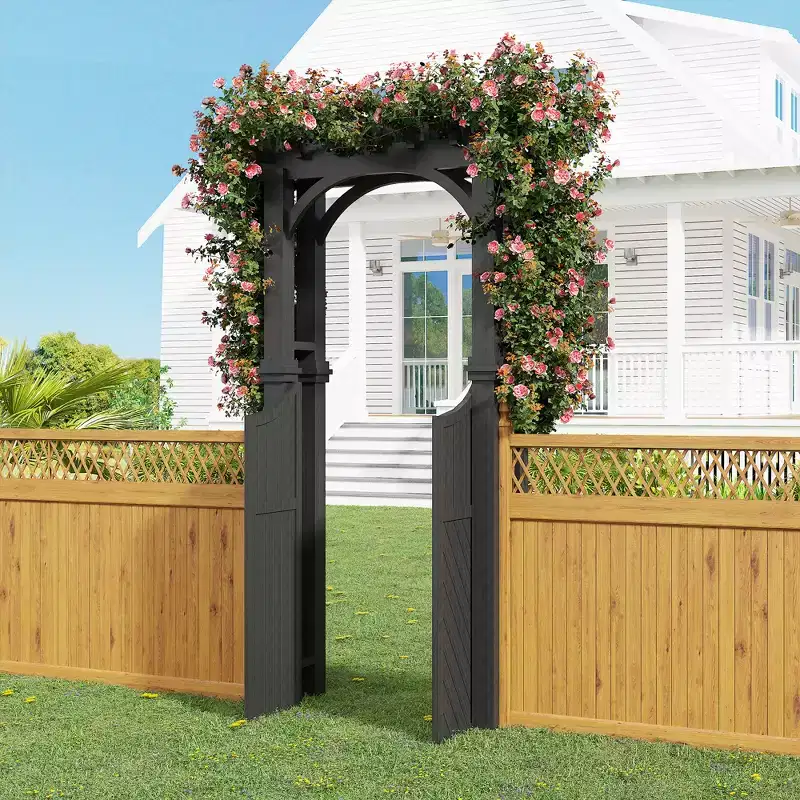 Wood Garden Arch Arbor with Gate & Trellis, Outdoor Wooden Arbor for Climbing Plants, Fir Wood Trellis Arch for Wedding Backdrop, Yard Entryway