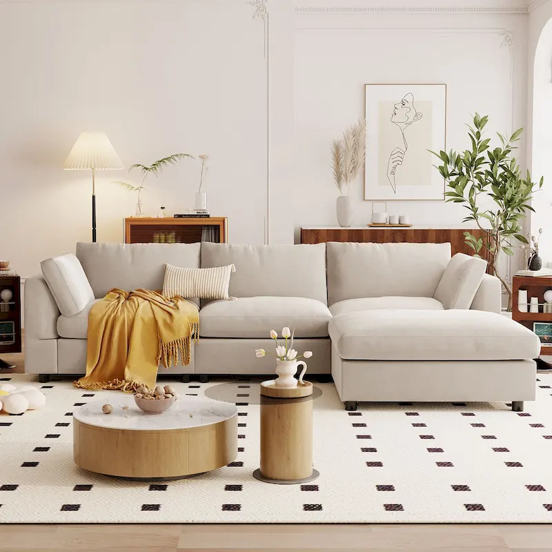 Beige L-Shaped Sectional Sofa for 3-4, Adjustable Footrest, Reversible Chaise