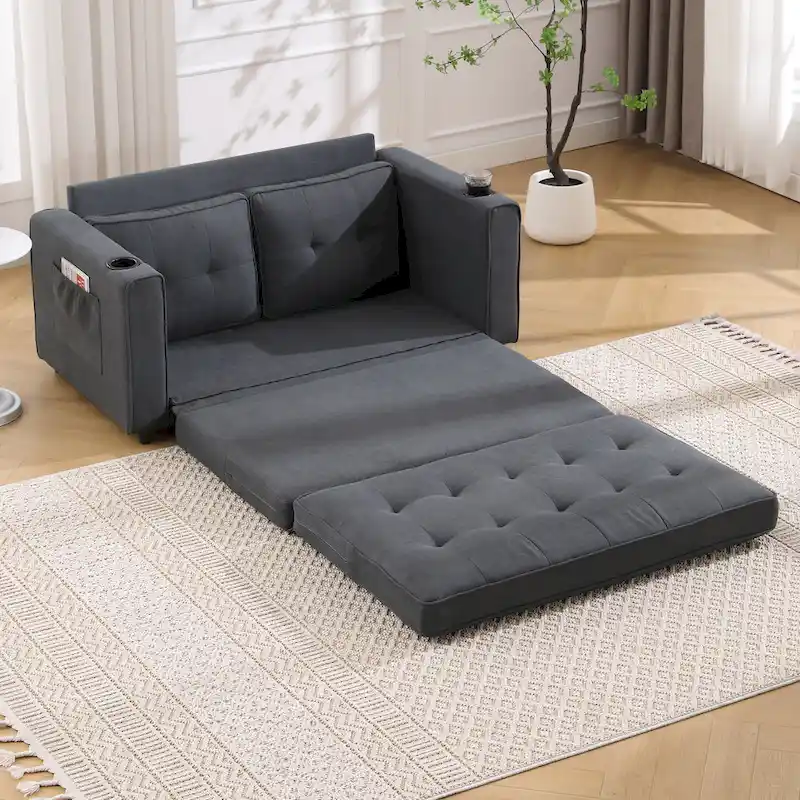 Foldable Tufted Loveseat with Pull Out Bed and Side Pockets