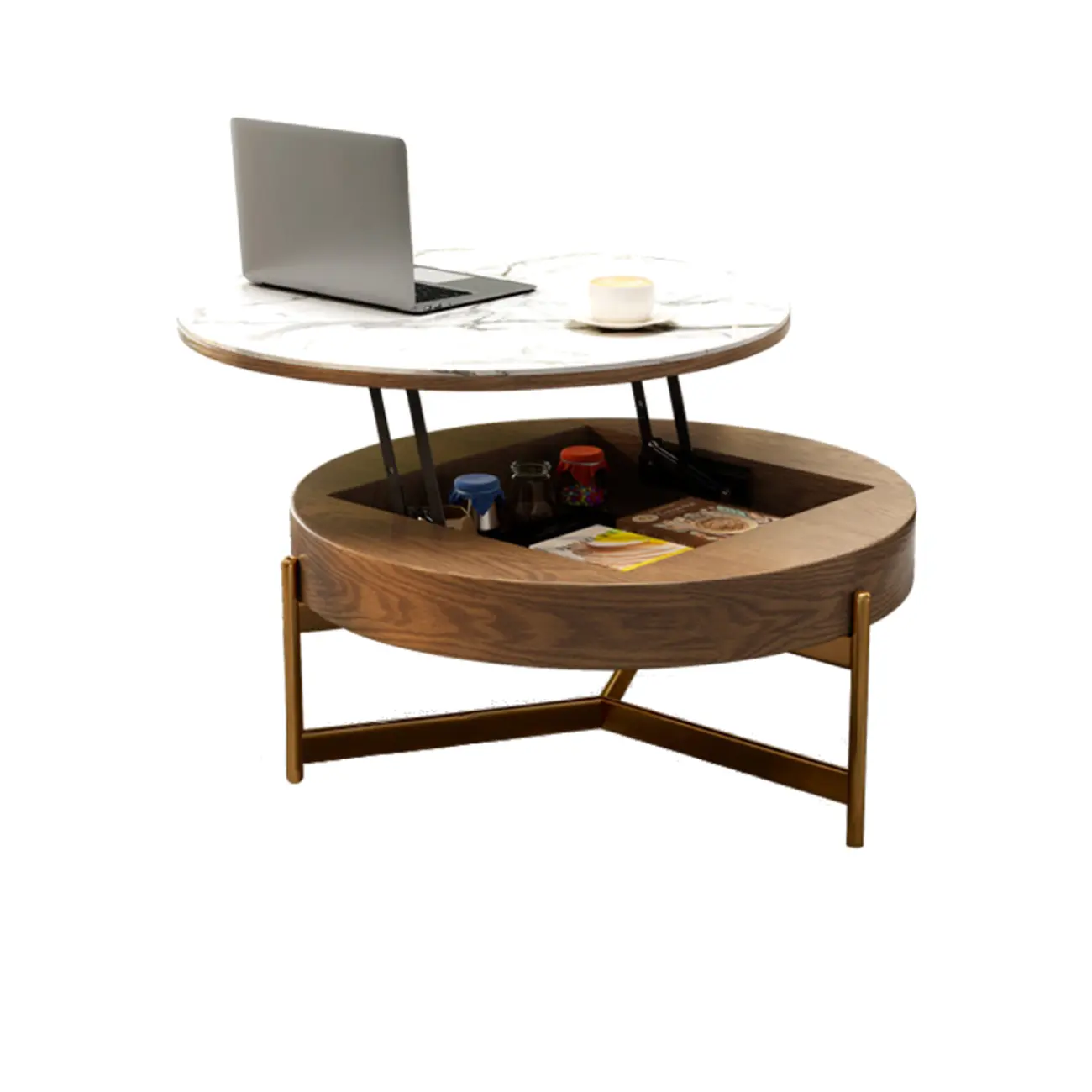 Natural Round Lift-Top Stone Wood Coffee Table with Storage