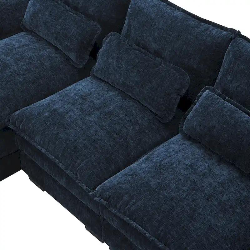 Blue Chenille 6-Seat Modular U-Shaped Sleeper Sectional Sofa with Chaise