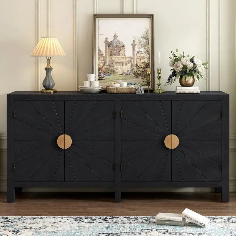 Navy Blue / Black 4-Door Sideboard with Radiating Line Pattern, Ash Veneer