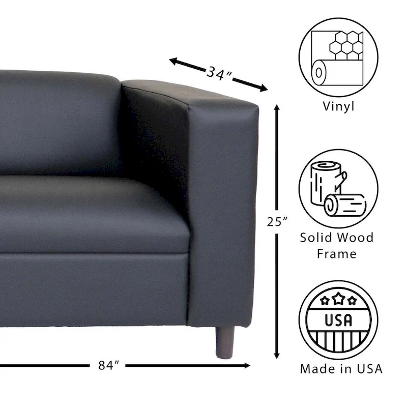 Mid-Century Modern 3-Seater Sofa, Faux Leather with Solid Wood Frame