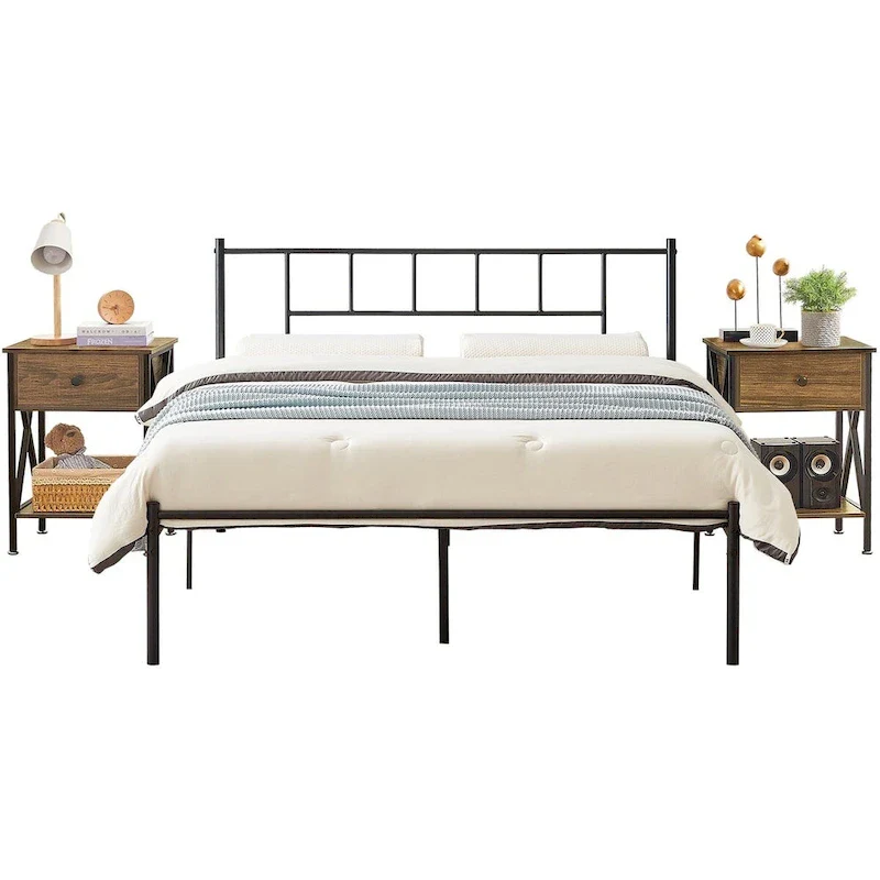 VECELO 3-Pieces Bed Frame with Wood Headboard and Modern Nightstands Set of 2