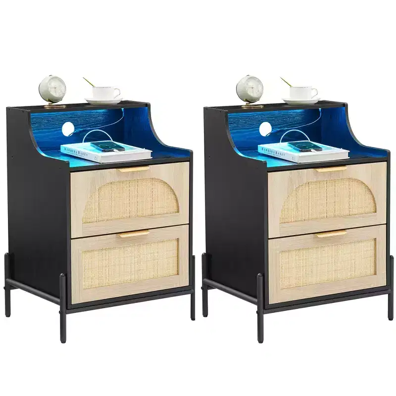 2 Pack Wooden Rattan Nightstand, Charging Station & LED Lights, USB Ports/Outlets, 3 Rattan Drawers, Black for Bedroom