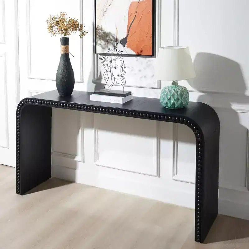59 Waterfall Console Table with Beaded Trim, Boho Farmhouse Long Curved Entryway Table for Living Room, Foyer - Panipeachy