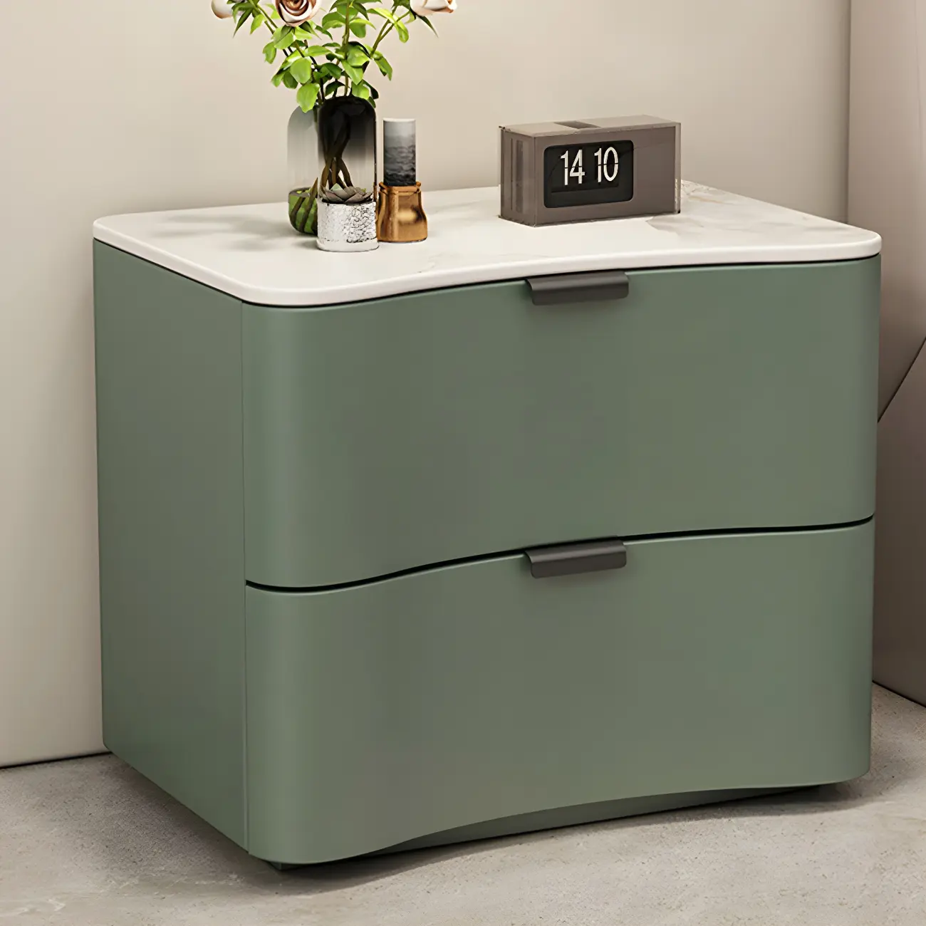 Modern Waved Stone Top Leather 2-Drawer Nightstand