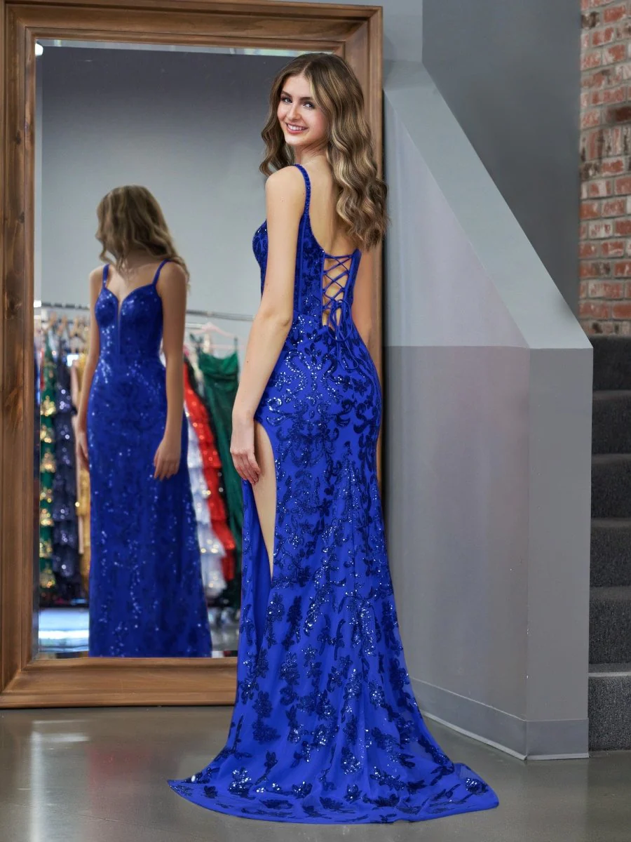 Sparkly Blue Mermaid Sequins Long Prom Dress with Slit
