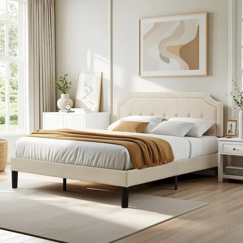 Javlergo Modern Upholstered Bed Frame with Height Adjustable Headboard, No Box Spring Needed