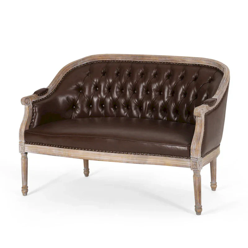 Button-Tufted Upholstered Loveseat with Scrolled Arms and Nailhead Trim