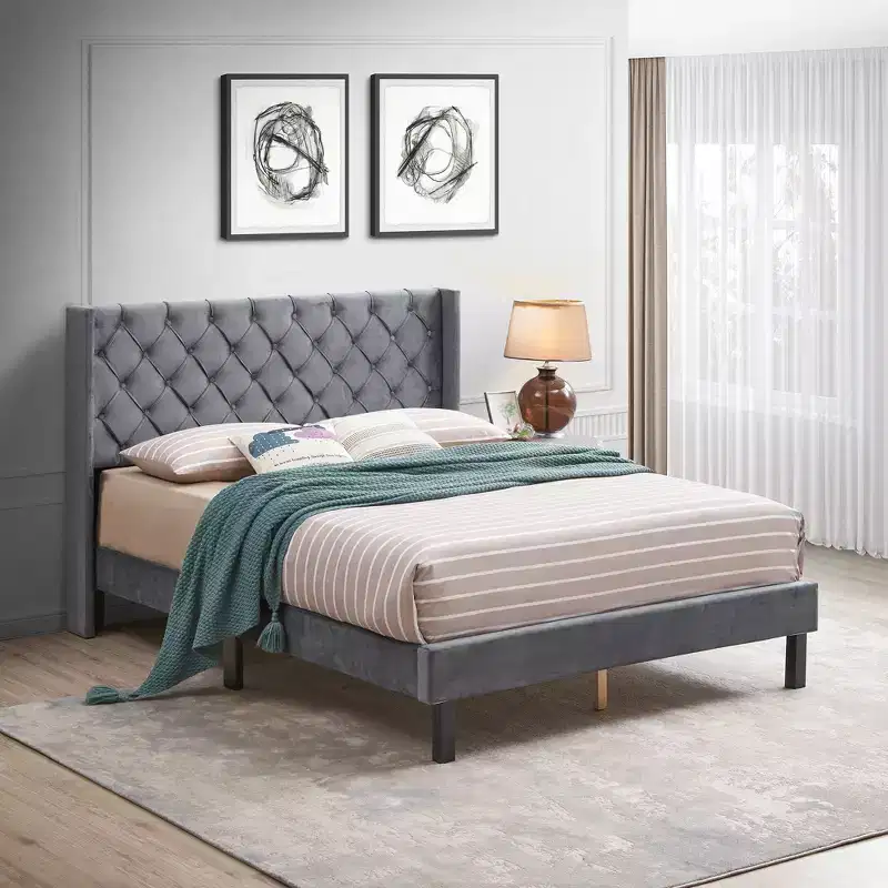 Okak Queen Bed Frame with Headboard, Velvet Button Tufted-Upholstered Platform Bed with Wings Design and Wood Slat Support, Gray