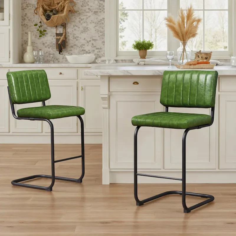 Grey/Off-White/Brown/Olive/Orange/Green, Faux Leather & Rattan, Counter Stool, Set of 2