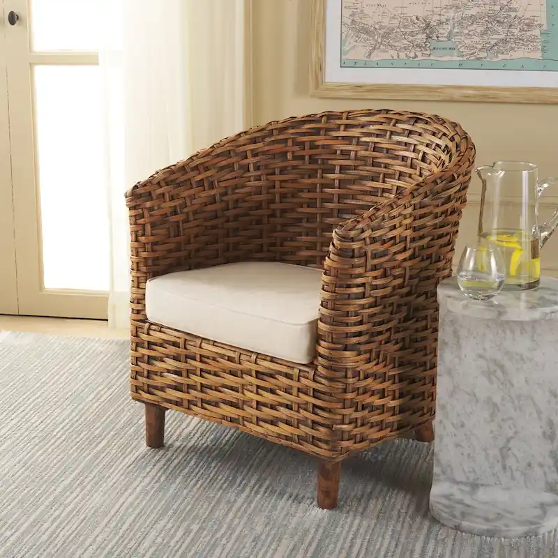 White/Honey Dark Brown Rattan Barrel Chair, Single Seat