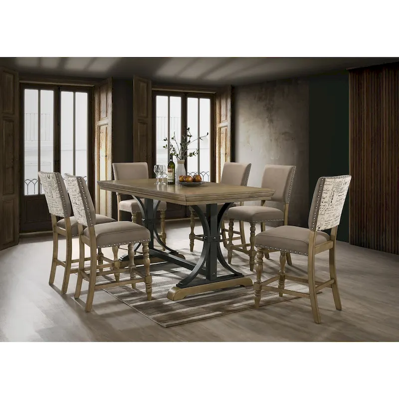 7-Piece Driftwood Finish Table with Nail Head Chairs Counter Height Dining Set