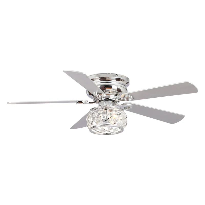48  Chrome Wooden 5-Blade Crystal Flush Mount Ceiling Fan with Remote