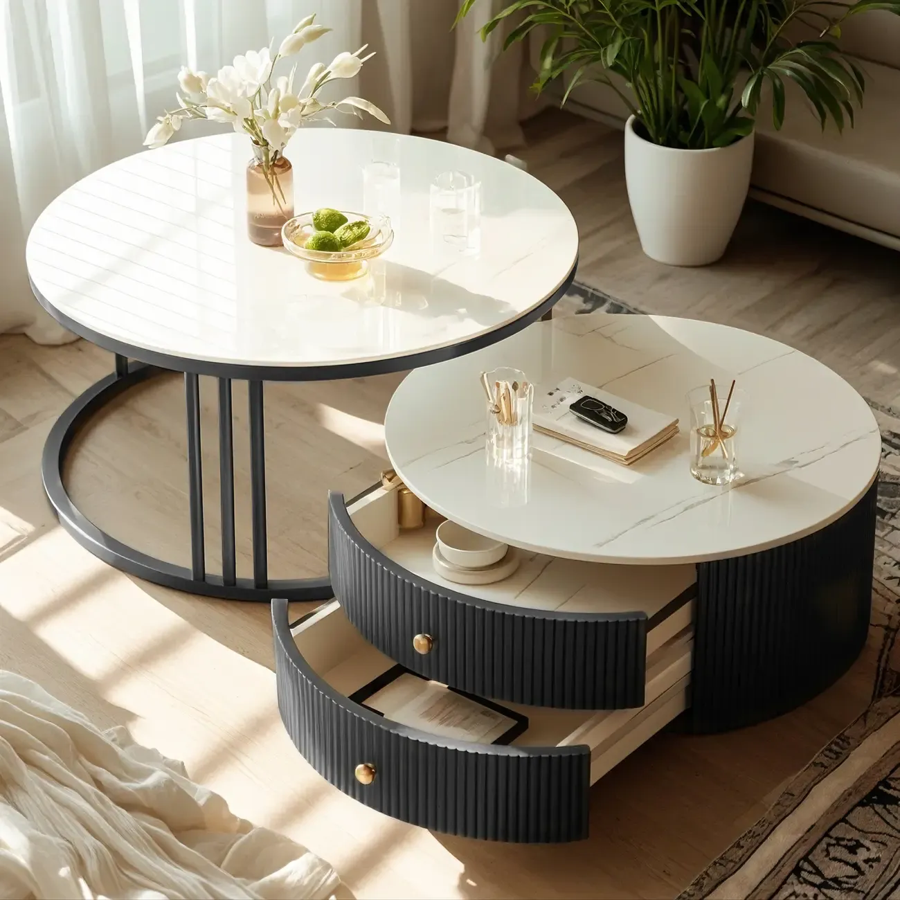 Modern White Round Nesting Coffee Table Set with Steel Base