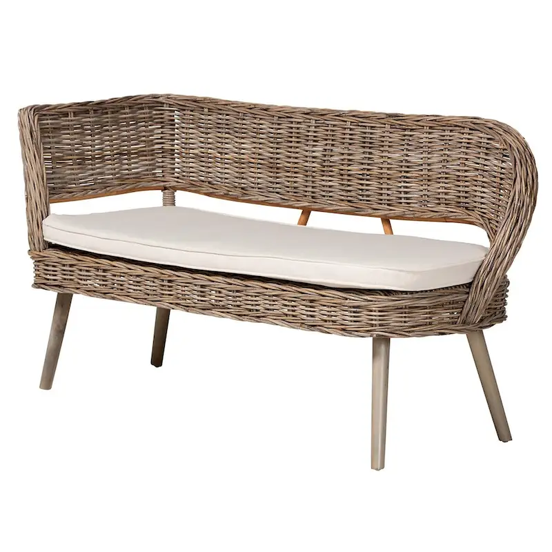 Raisa Modern Bohemian Natural Kubu Rattan Bench and Wood Table Dining Nook Set