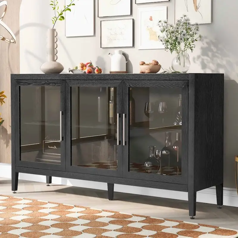 Black & Brown Wood Storage Cabinet — 3 Tempered Glass Doors, Adjustable Shelves