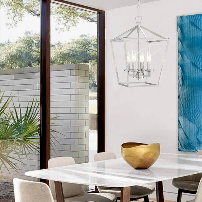 4-Light Geometric Cage Lantern Pendant Light with Brushed Nickle Finish - Middle