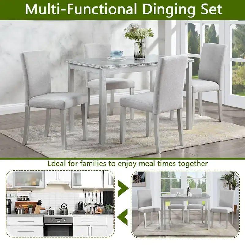 Wooden Dining Table with Rectangular Top and 4 Upholstered Chairs