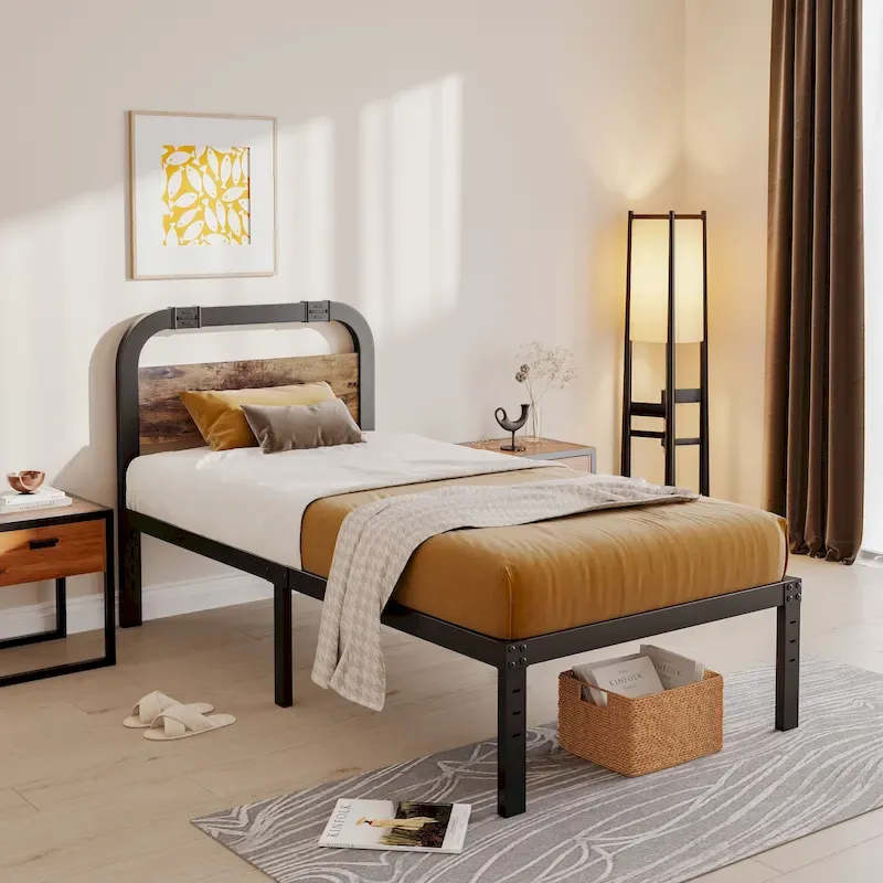 Heavy Duty Anti-Sway 40 Inch Iron Bed With Solid Wood Headboard