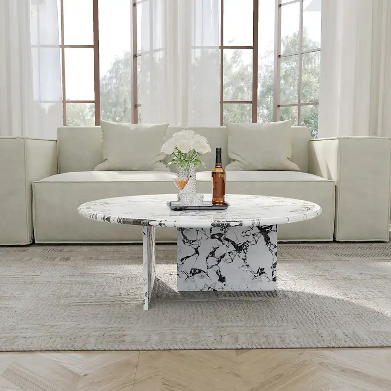 35.43 Modern Round Coffee Table,Glossy Faux Marble Table top