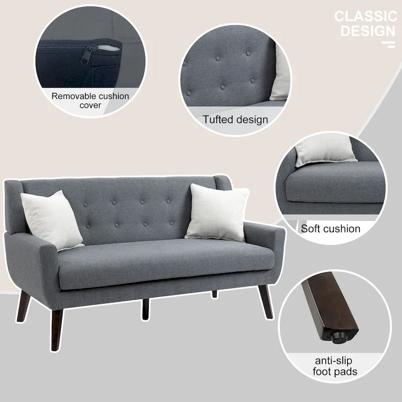 Modern Curved 63 Button Tufted Upholstered Loveseat with 2 Pillows
