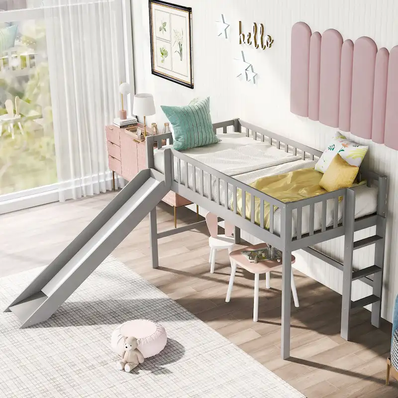 Gray Twin Size Wood Low Loft Bed with Slide | Fun Kids Bedroom Furniture