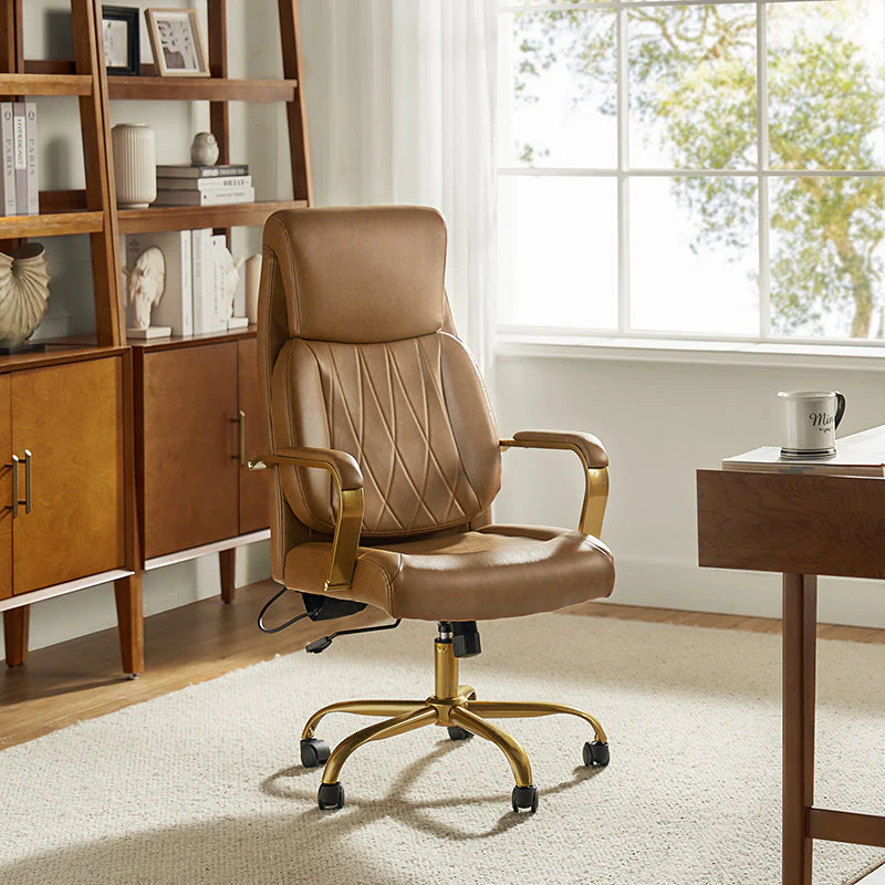 PU Leather Ergonomic Office Chair with Airbag Lumbar Support, Adjustable Height & Gold Metal Base | Camel / Ivory / Brown | Single Seat