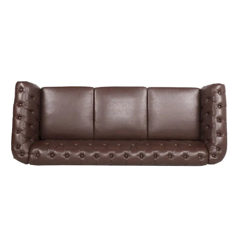 Tufted Sofa - Faux Leather, Rolled Arms Design, Seats 3