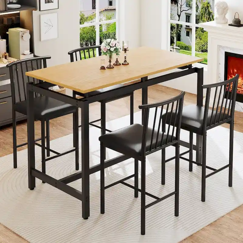 5 Pieces Dining Set, Pub Bar Table Set, PU Stools with Backrest