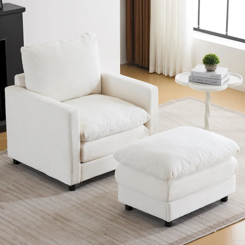 Ivory Corduroy Oversized Armchair with Ottoman