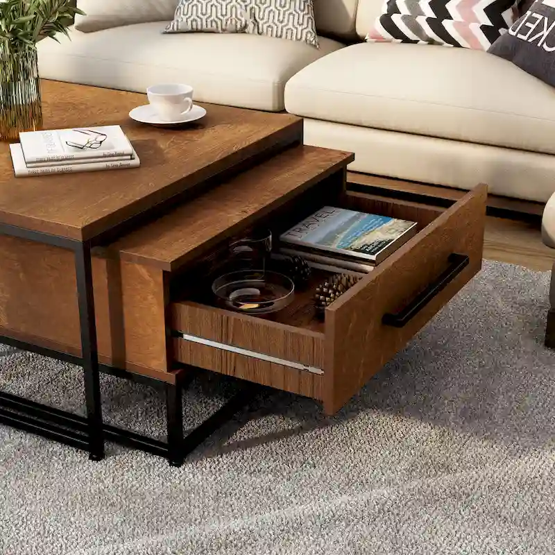 Rustic Brown Square 2-Piece Solid Wood Coffee Nesting Tables with 1-Drawer