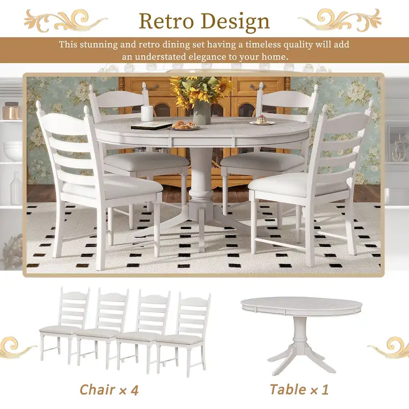 5 Piece Round Dining Table Set, Solid Wood Kitchen Table and Chair Set with Extendable Table and 4 Upholstered Chairs