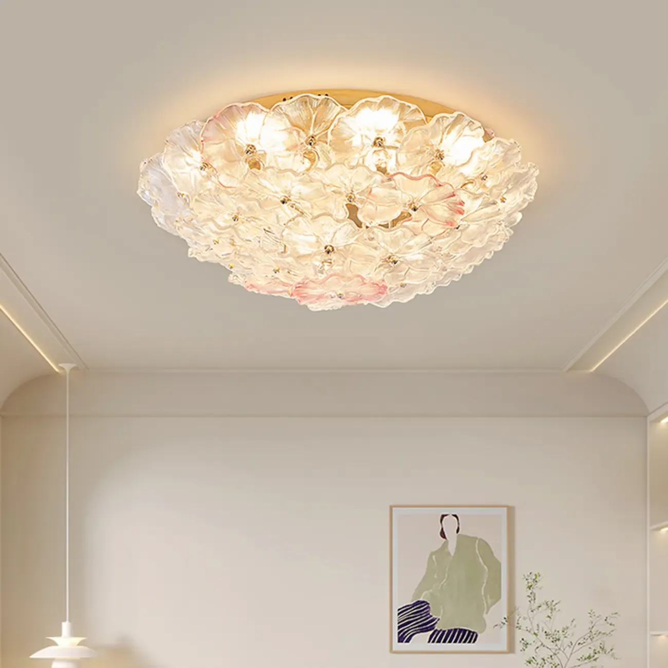 Glass Flower Shape Aureate Stainless Fixture Flush Mount Ceiling Light