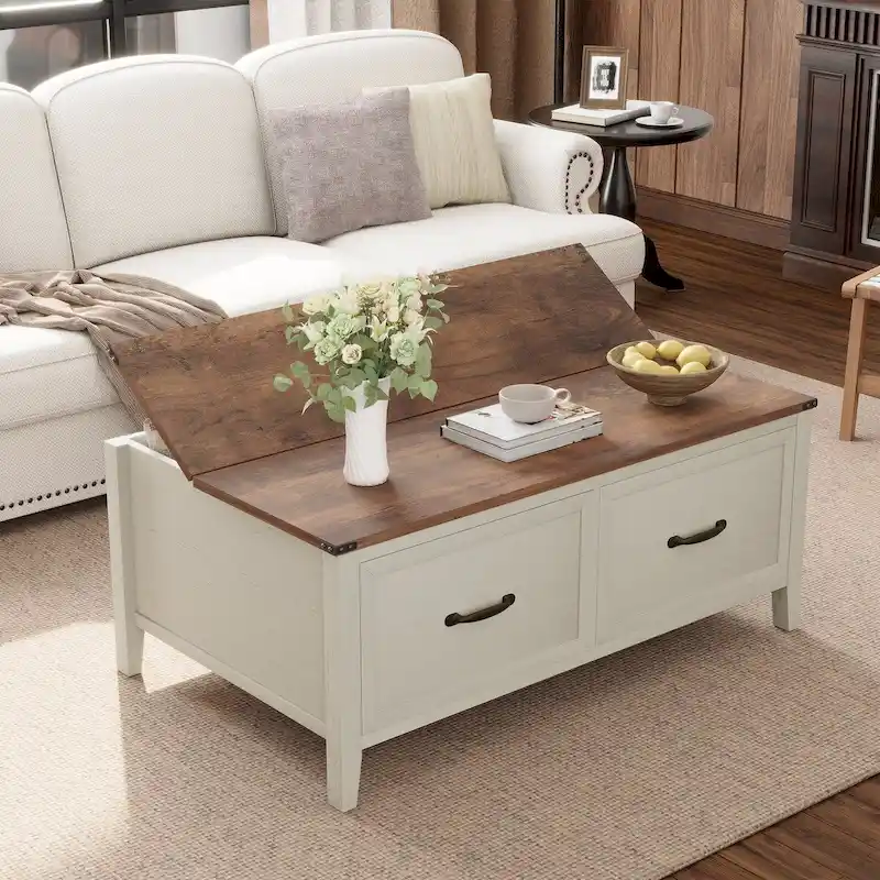 Brown / Black Woodgrain Coffee Table with Flip-Top Hidden Storage & 2 Drawers - Single Use