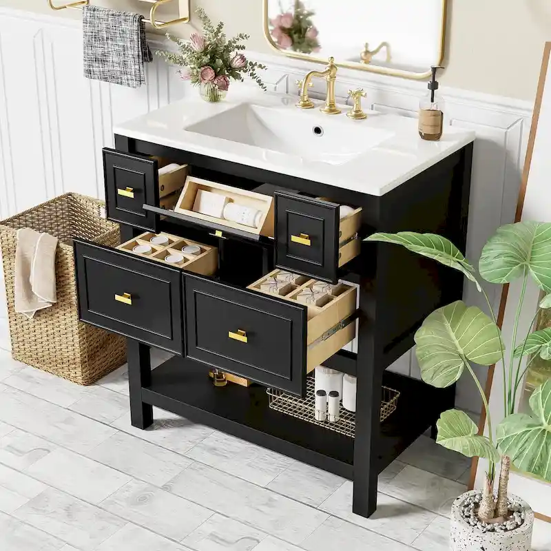 30 Bathroom Vanity with Ceramic Sink Combo, Free Standing Single Vanity Set with 5 Drawers
