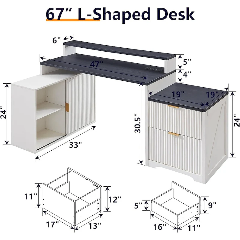 67 Modern L Shaped Desk, Wood Home Office Desk with Charging Station