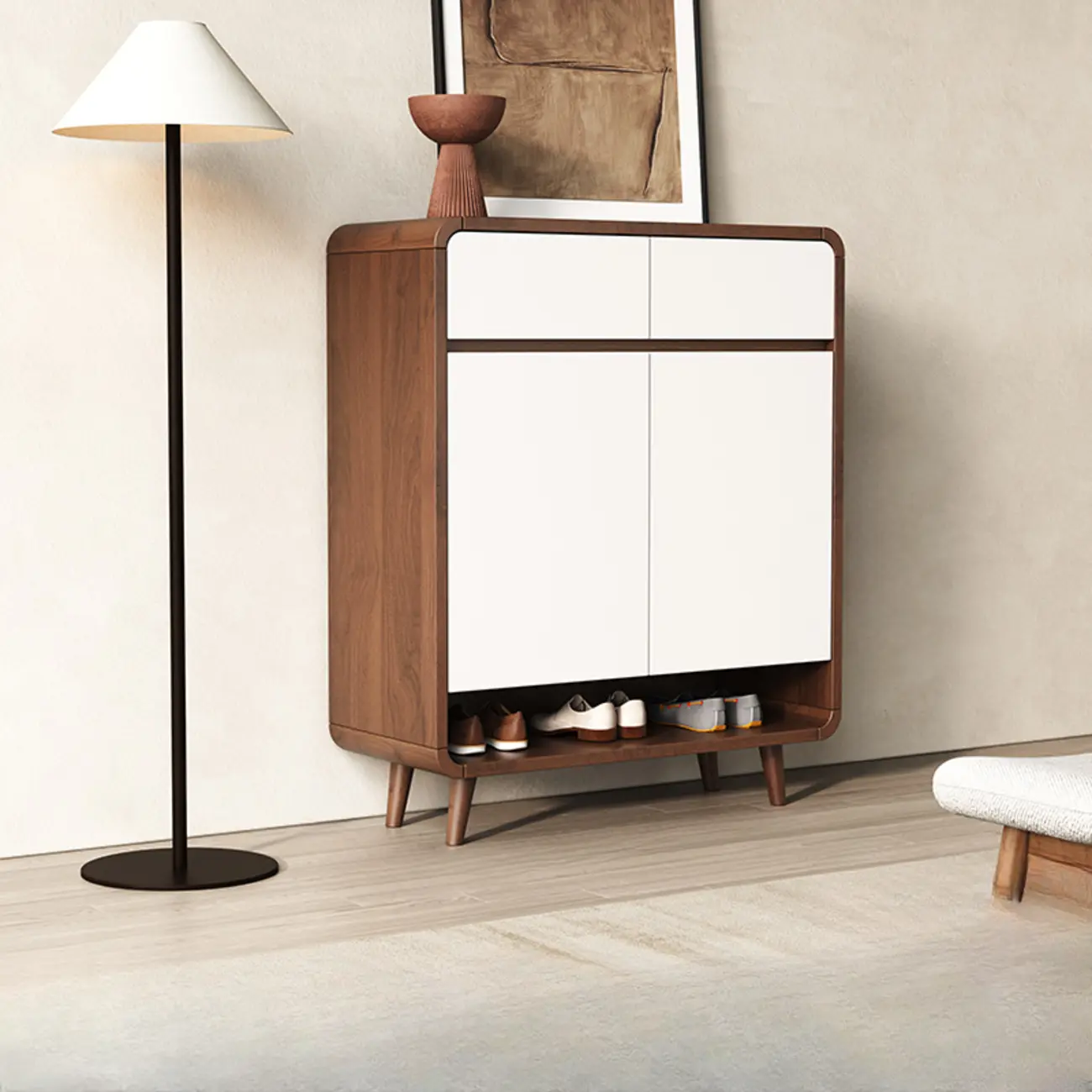Modern Manufactured White Wood Shoe Cabinet