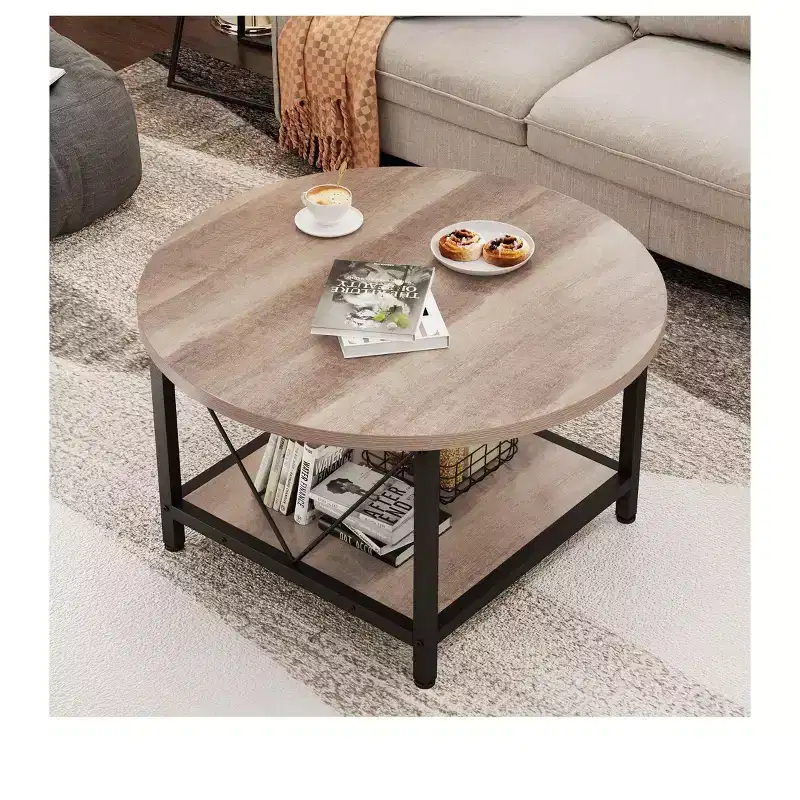 2-Tier Modern Round Coffee Table With Storage Open Shelf Wood Center Coffee For Home Office Living Room