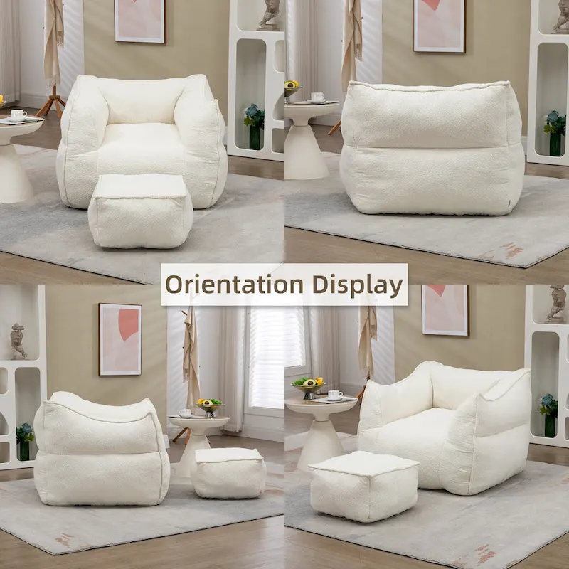 Boucle Upholstered Deep Seat Armless Square Bean Bag Chair with Ottoman