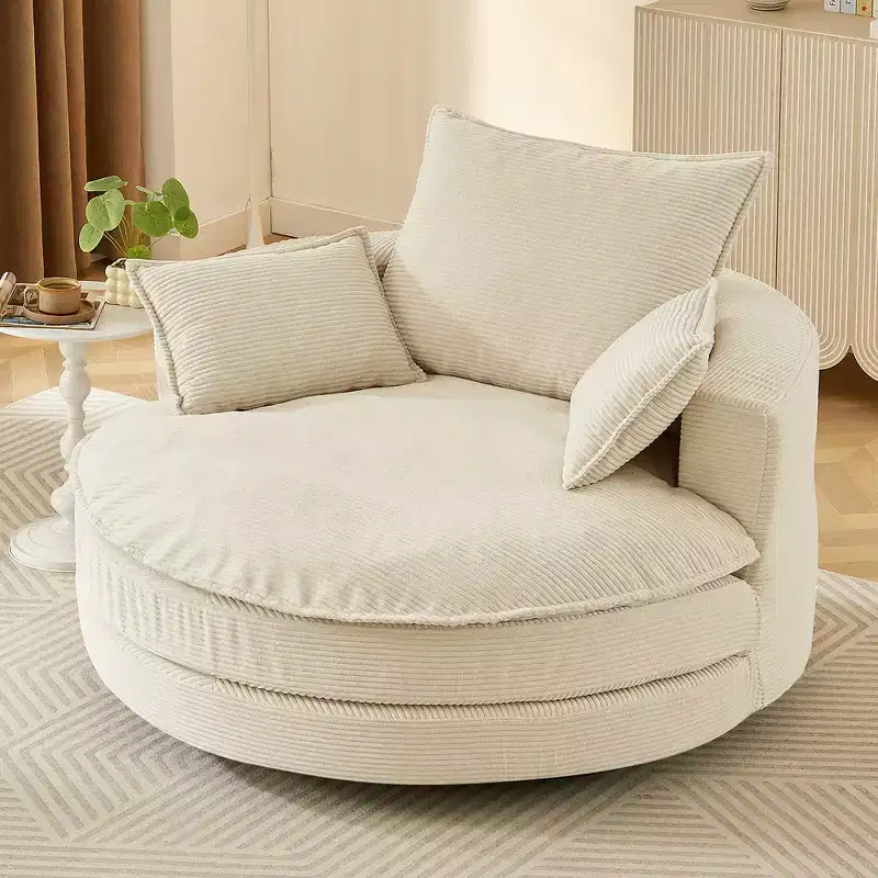 Whisen Corduroy Swivel Round Sofa Chair with Dual-layer Cushion Design and 3 Removable Pillows