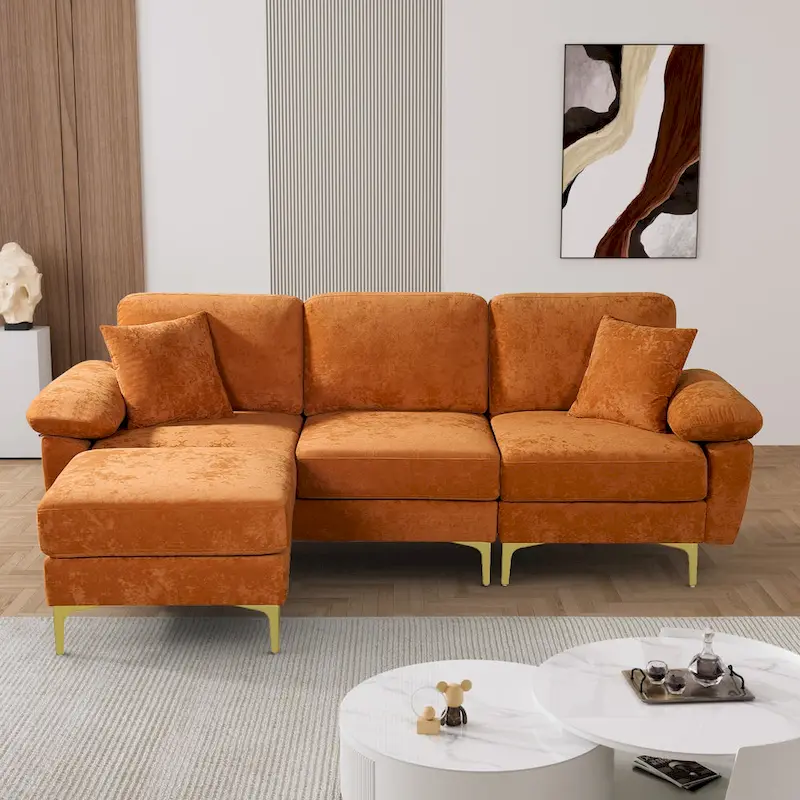 Ouyessir 2-Pieces Upholstered Velvet Sectional Sofa with 2 Pillows & Ottoman
