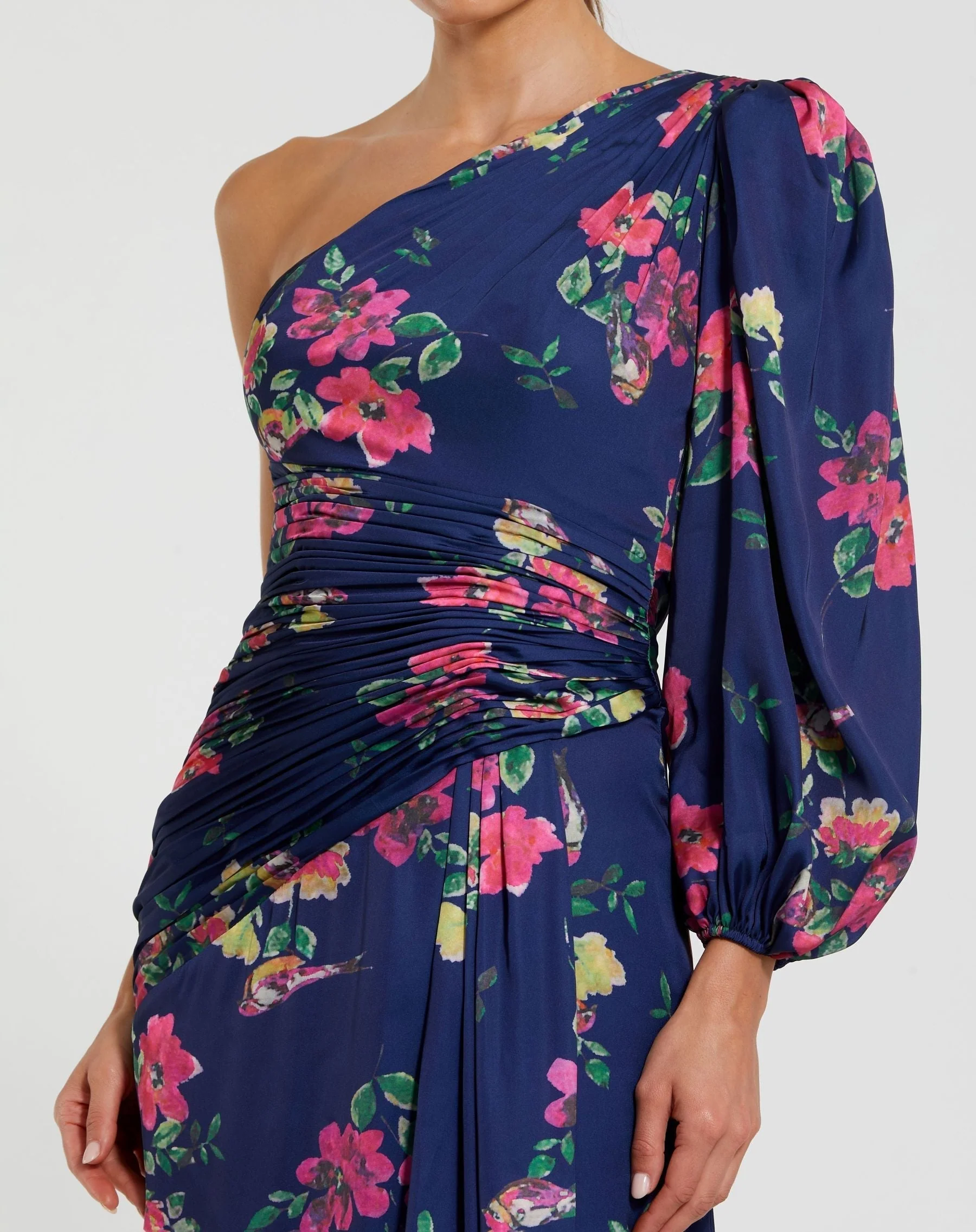 Navy One Sleeve Floral Print Charmeuse Gown With Slit