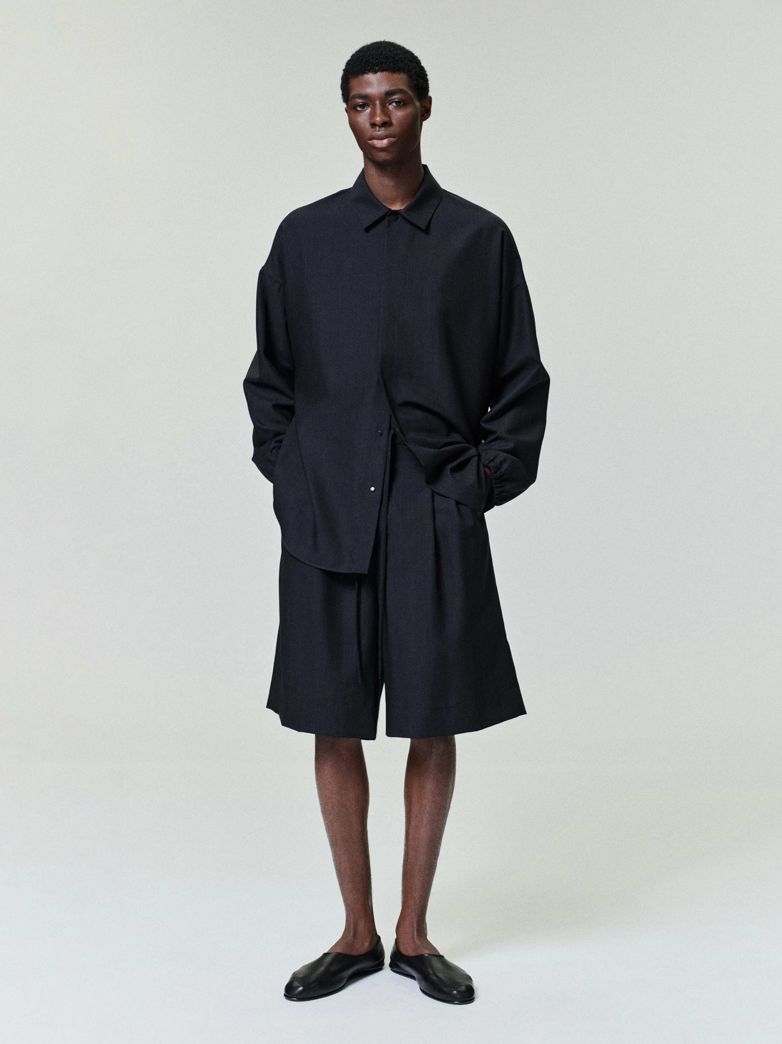 Black Striped Wool Baggy Shorts
